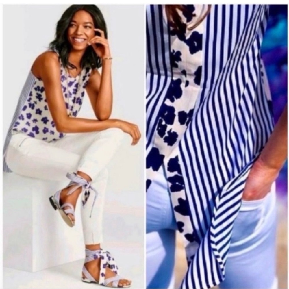 CAbi Blue and Cream Floral tunic top